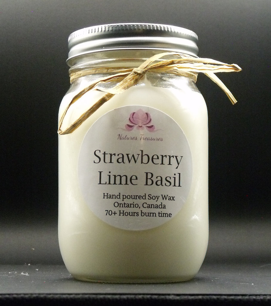 Strawberry Lime Basil Soy Wax Candle - 16 oz Mason Jar